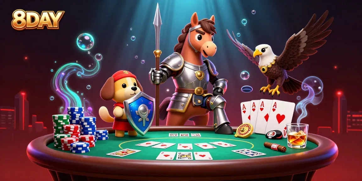 Experience the thrill of 8DAY with a knight and puppy in a rich 3D casino setting.