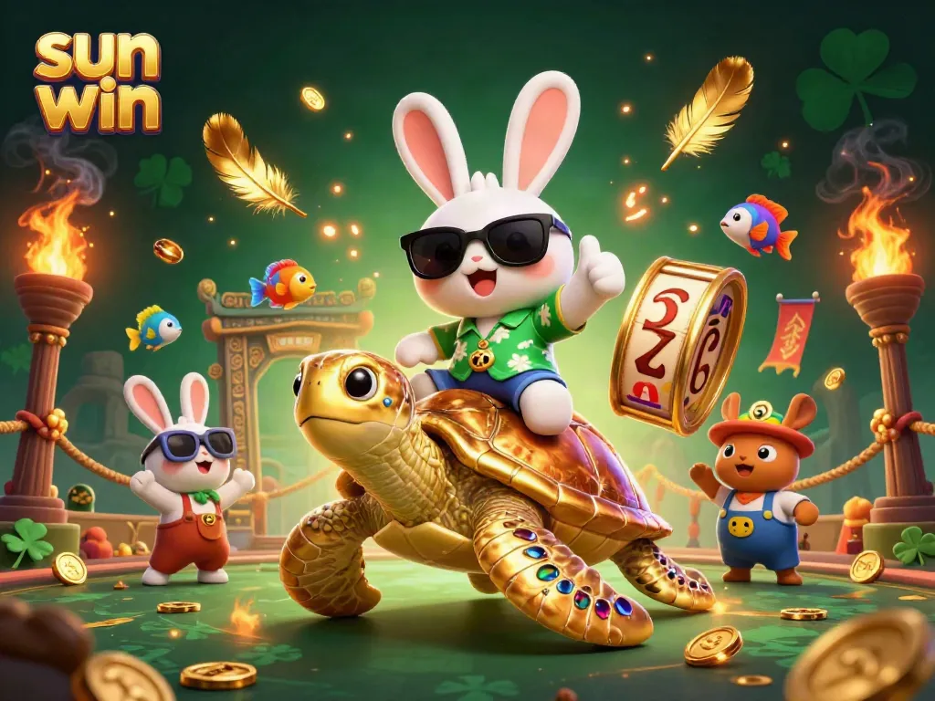 Play slots and win big with sun win, featuring a lucky rabbit and golden turtle in a vibrant casino scene.