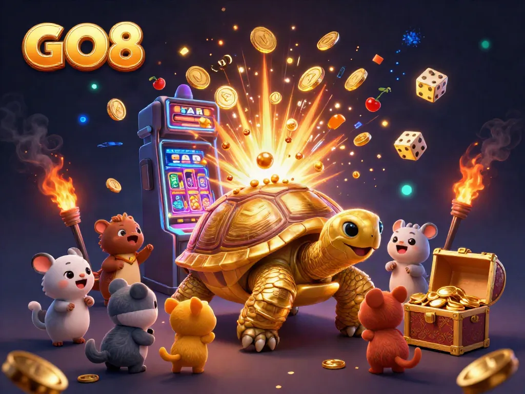 Experience excitement at GO8 with a vivid scene of a tortoise pinball machine surrounded by casino symbols and fun.