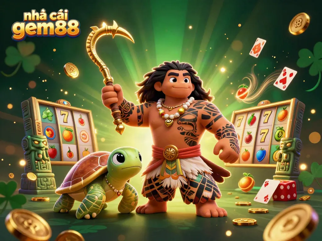 Experience excitement with nhà cái gem88 through a dynamic 3D casino scene with vibrant characters and engaging elements.