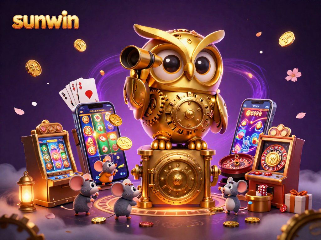 Experience thrilling gameplay at sunwin with a golden owl overseeing a vibrant casino scene filled with winning opportunities.