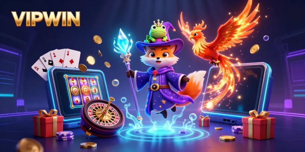 Experience dazzling casino adventures with VIPWIN in this vibrant 3D illustration.