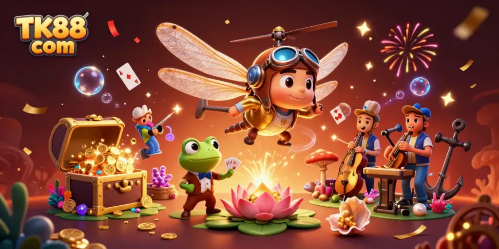 Engage in exciting gameplay at TK88 com with a lively casino scene featuring colorful characters and dynamic elements.