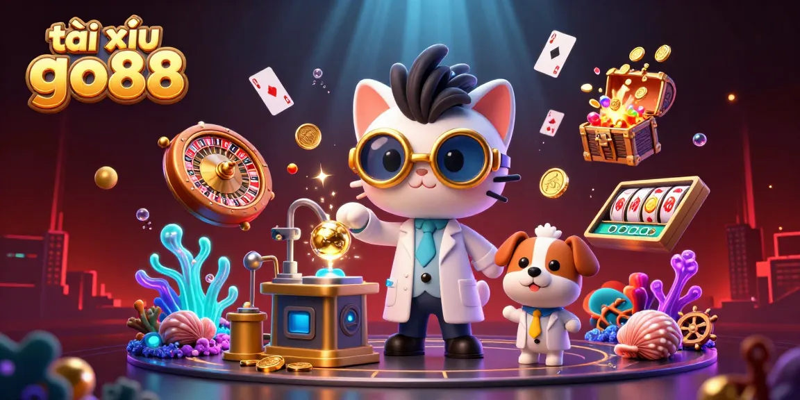 A 3D illustration showcasing the thrilling action of tài xỉu go88, featuring a mad scientist cat and a lab assistant dog surrounded by casino elements.