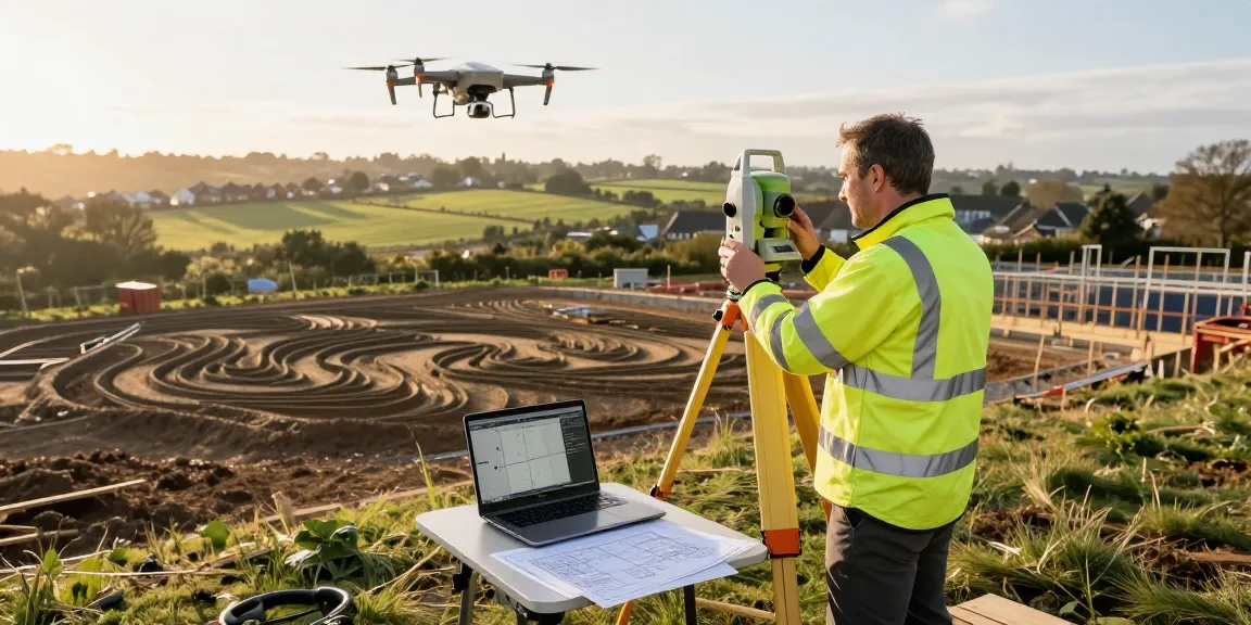 Topographical surveys Surrey and Sussex, land surveyor measuring land contours with a total station in a construction site.