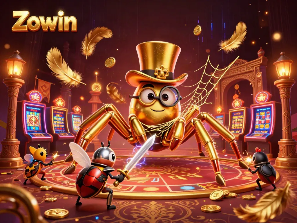 Experience Zowin's thrilling casino atmosphere with a dynamic scene of a golden tarantula and beetle knight.