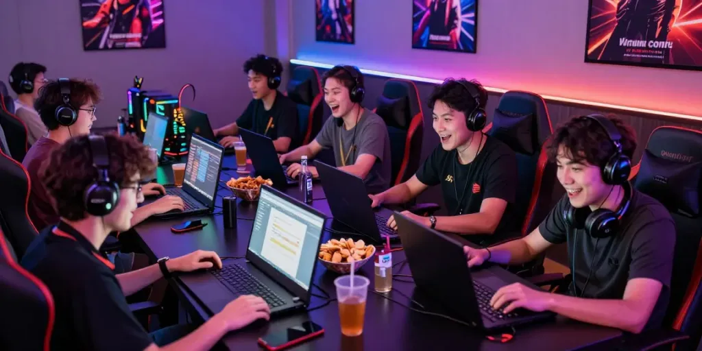 Dewatogel online gaming experience with friends in a vibrant urban lounge.