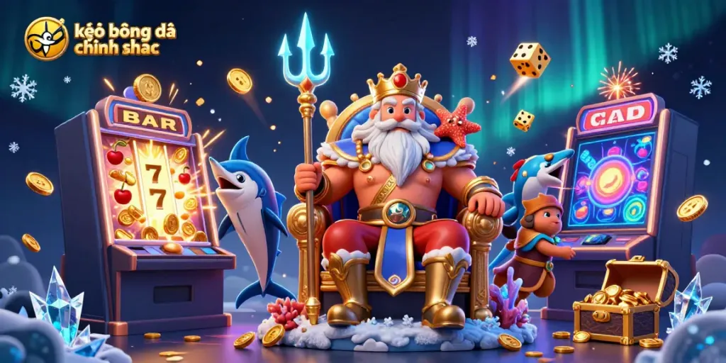 Soi kèo bóng đá chính xác promotes winning strategies with a vibrant 3D illustration of Neptune and gaming elements.