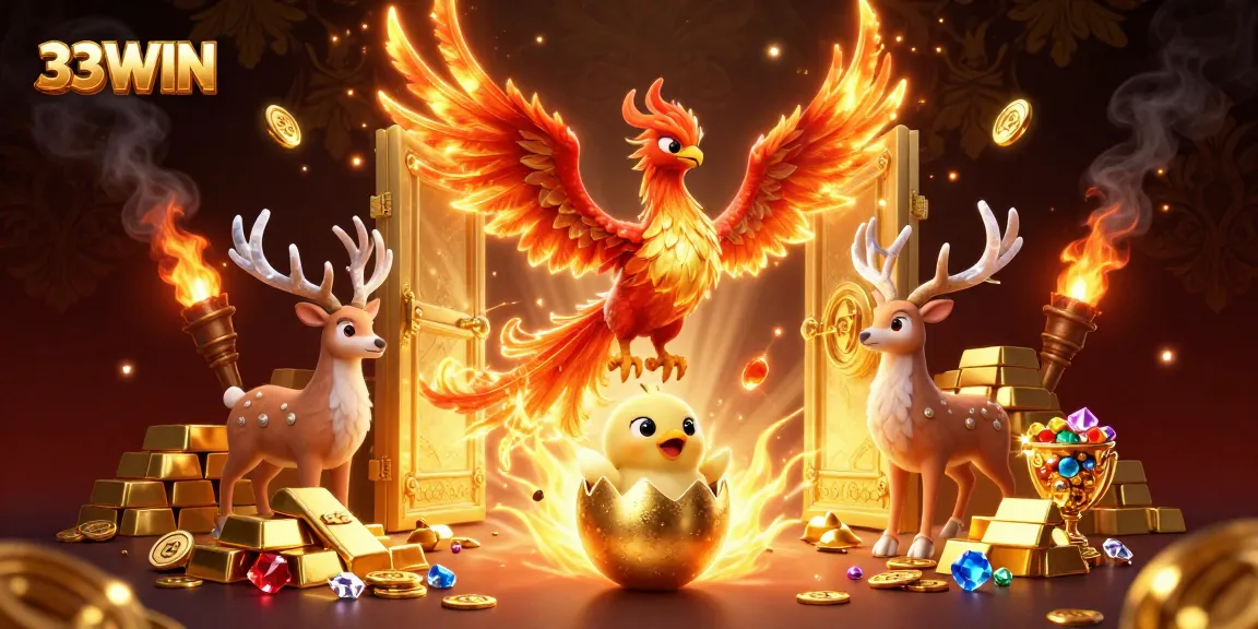 Feel the excitement at 33WIN with a flying phoenix, a golden egg, and treasures in a vibrant casino scene.