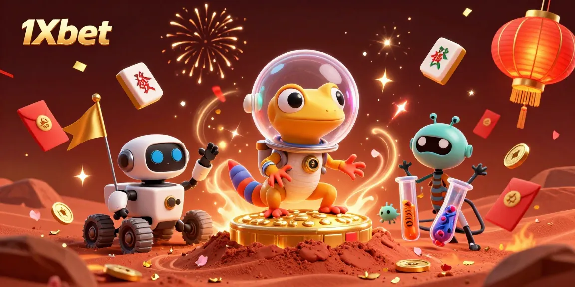 Enjoy immersive gaming with 1xbet's golden casino discovery on Mars featuring a gecko, robot, and fun gambling elements.