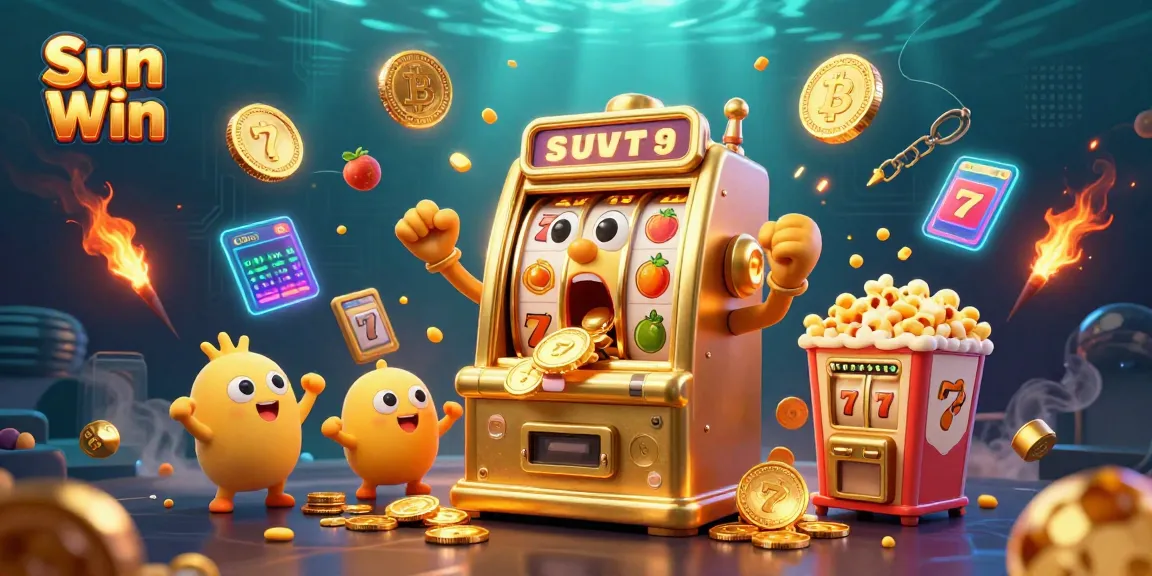 Celebrate a jackpot win with Sun Win in this vibrant 3D casino illustration of a golden slot machine.