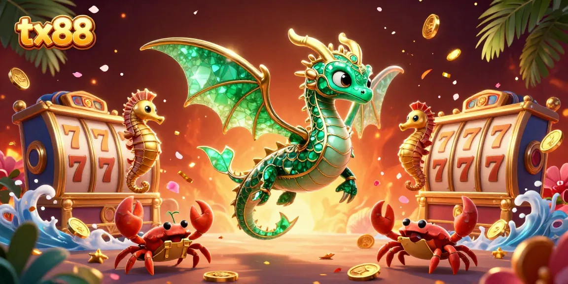 Engage with the tx88 casino experience featuring a vibrant sea dragon amidst spinning slot reels and golden treasures.