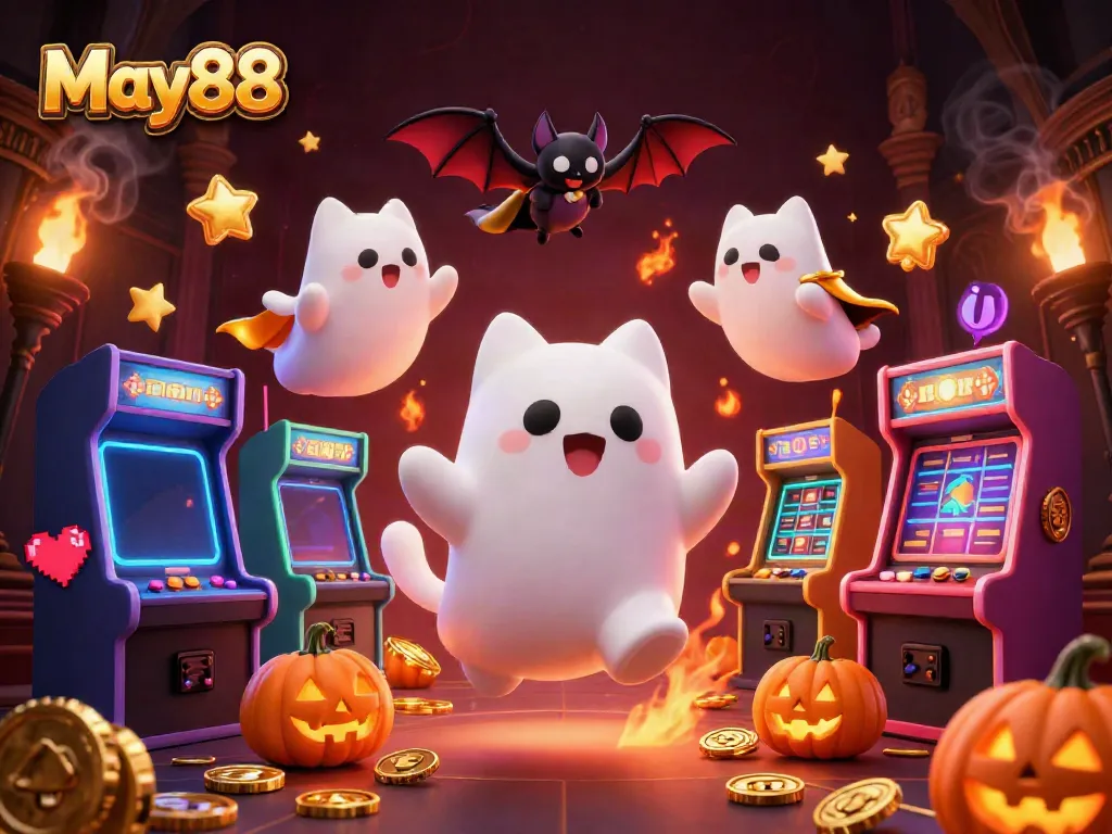 Win big with May88 gaming in a haunted casino featuring ghostly characters and vibrant elements.