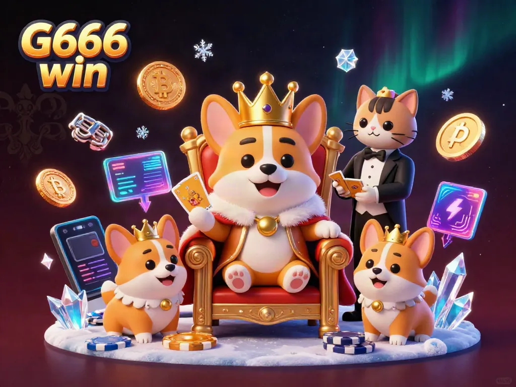 Experience the thrill of G666 win with a royal corgi on a poker chip throne amidst glowing crypto elements.