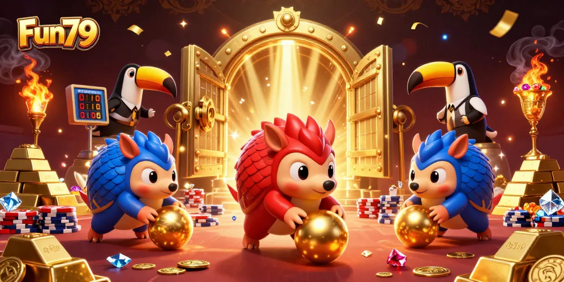Fun79 pangolins bowling through poker chips in a vibrant casino atmosphere.