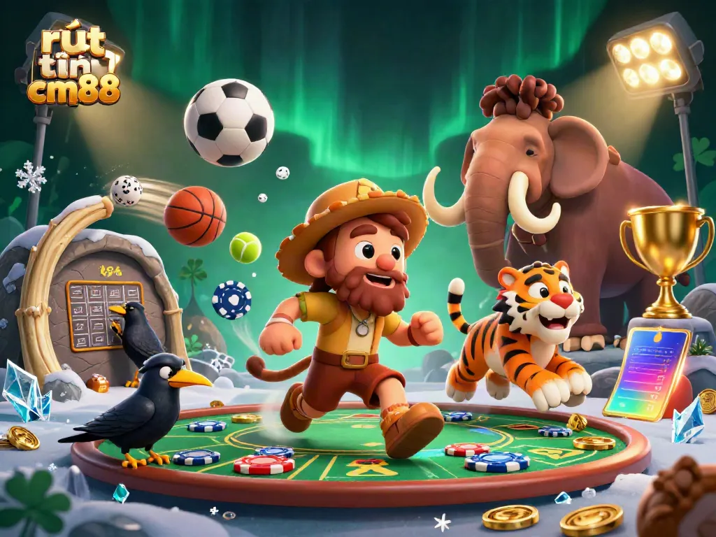Experience rút tiền cm88 excitement with a lively prehistoric casino scene showcasing unique characters and sports elements.