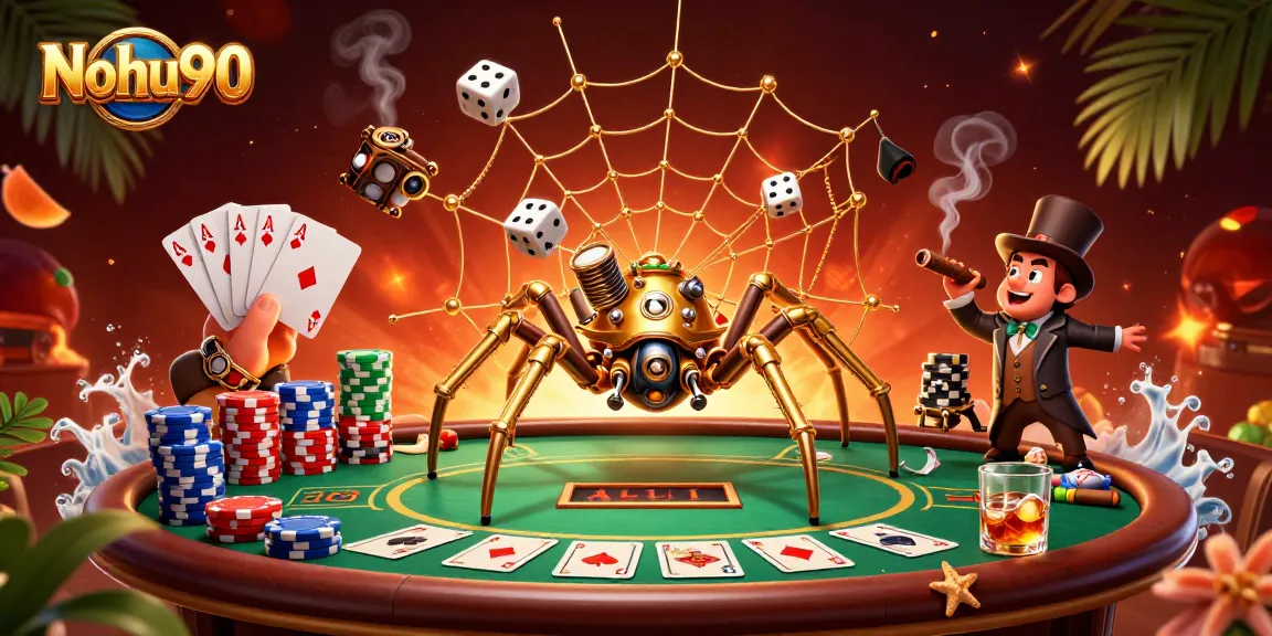 Nohu90 game scene with a steampunk spider and poker elements showcasing thrilling online casino excitement.
