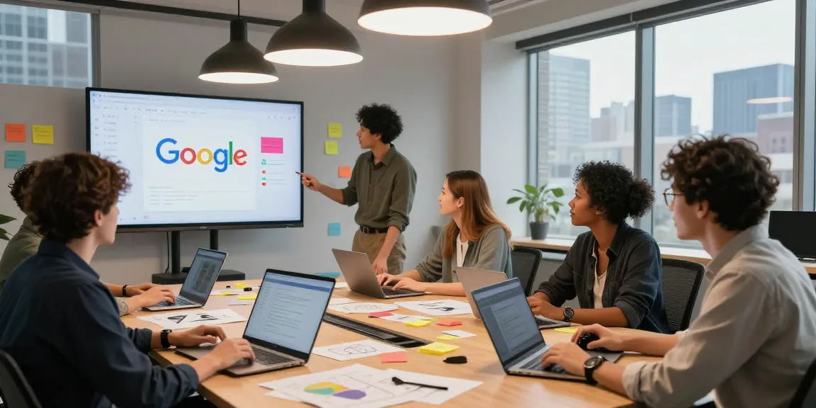 Collaboration on the google mixboard in a modern creative office setting.
