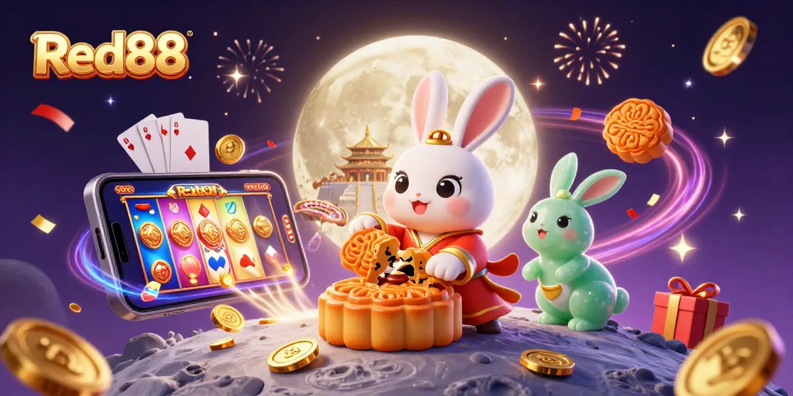 Experience a thrilling scene at Red88 with a moon rabbit and gaming elements erupting in excitement.