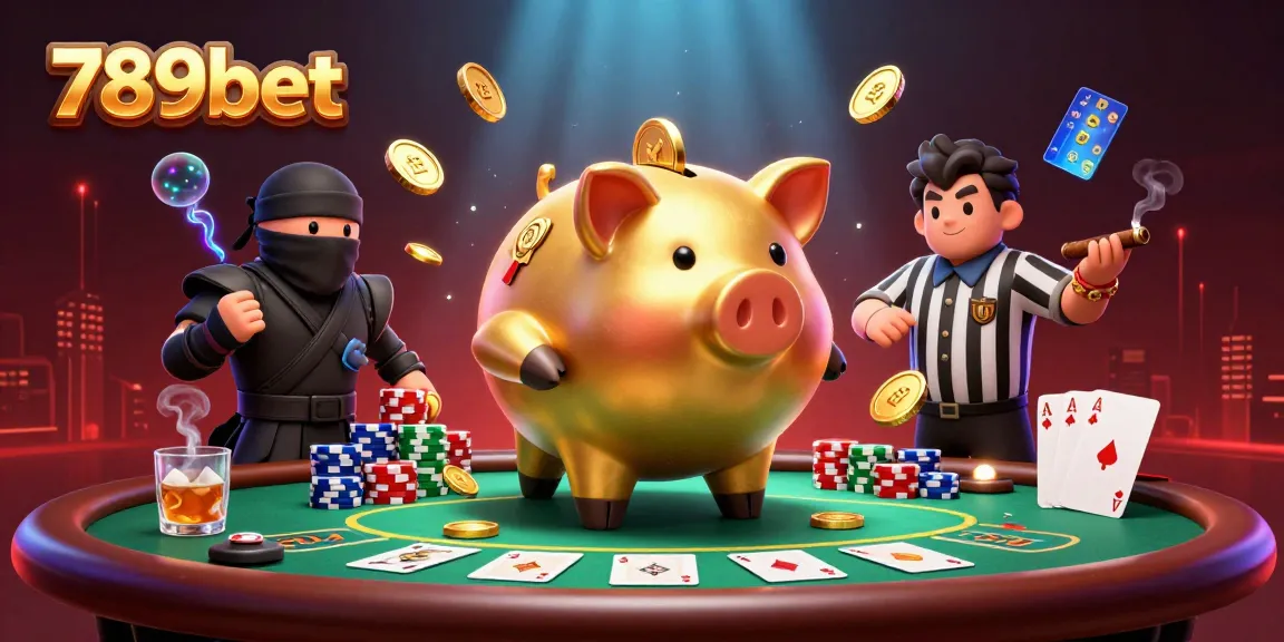 Experience thrilling action with 789bet's dynamic casino scene featuring a golden piggy bank wrestler and poker elements.