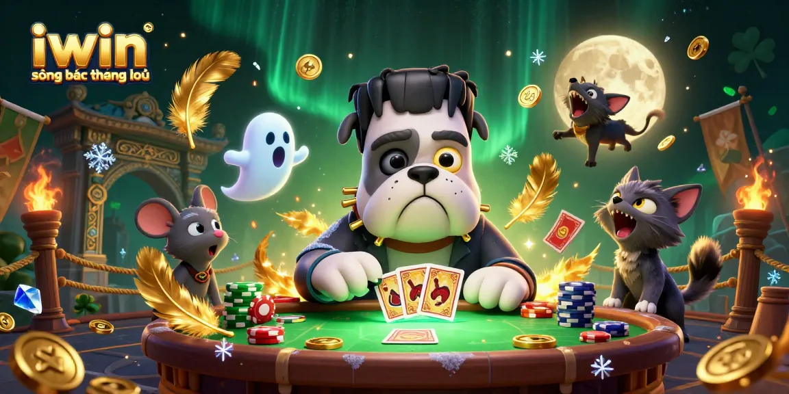 Engage in thrilling gameplay at iwin sòng bạc thượng lưu with a 3D cartoon illustration of a Frankenstein bulldog dealer and spooky elements.