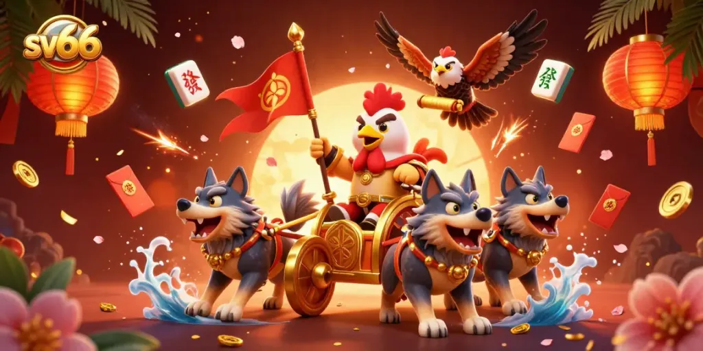 Experience sv66's thrill with a cartoon rooster warlord leading a grand casino chariot!