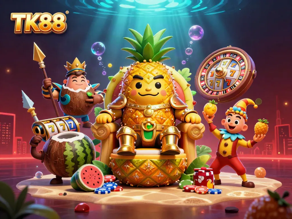 Engage in thrilling games with TK88's vibrant casino illustration featuring a golden pineapple king.