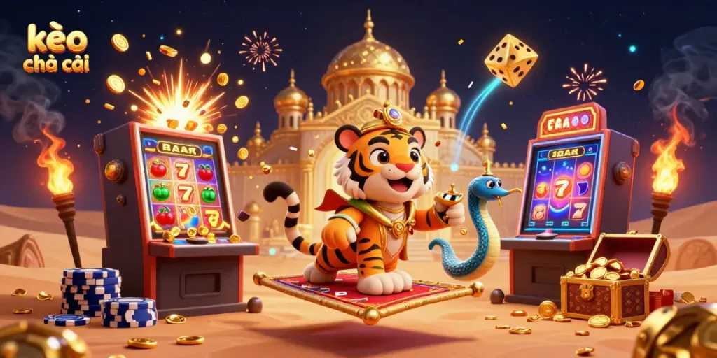 Engage with kèo nhà cái in a vibrant 3D casino scene featuring a tiger sultan and colorful gaming elements.