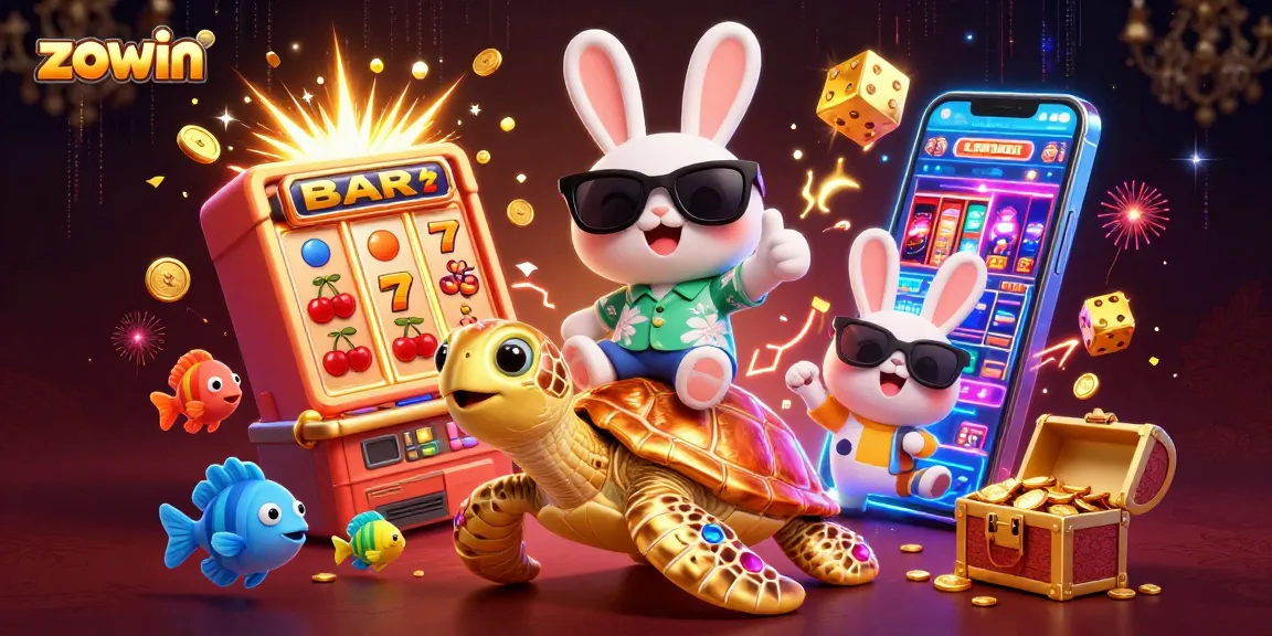 Zowin promotes gaming fun with a lucky rabbit and sea turtle in a vibrant casino scene.