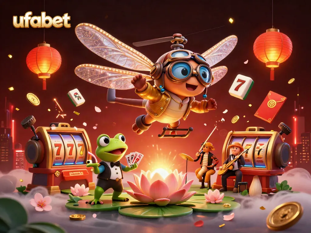 Experience thrilling ufabet gaming at a vibrant lily pad casino with a dragonfly pilot and frog croupier.