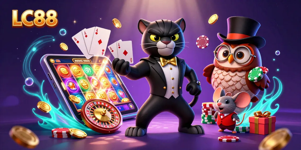 Engage with LC88's vibrant casino world with a panther dealer, owl chip holder, and lucky mouse!