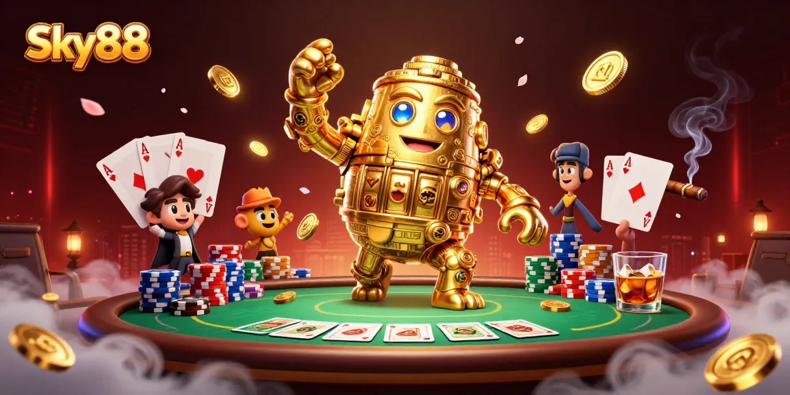 Engage in exciting gaming at Sky88, featuring golden golem and vibrant poker elements.