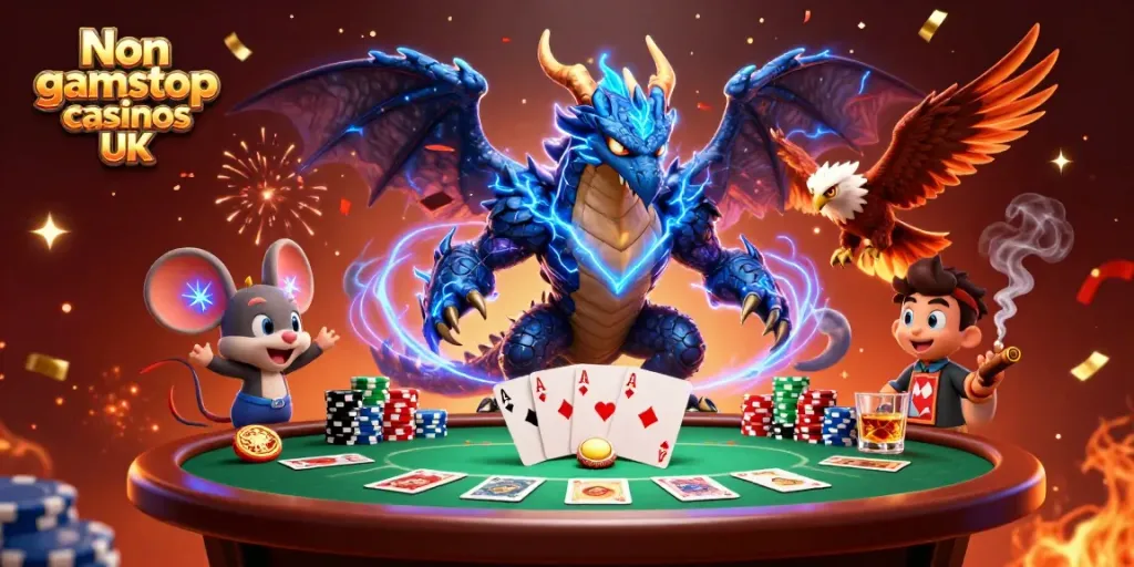 Engage with Non gamstop casinos UK, featuring vibrant casino scene with dynamic characters and rich gaming elements.