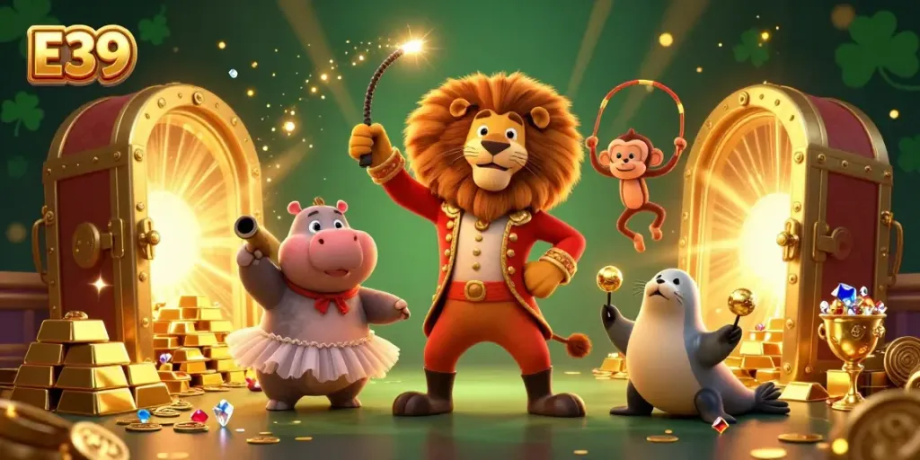 Engage in exciting E39 gaming with vibrant characters amidst treasures in a captivating casino scene.