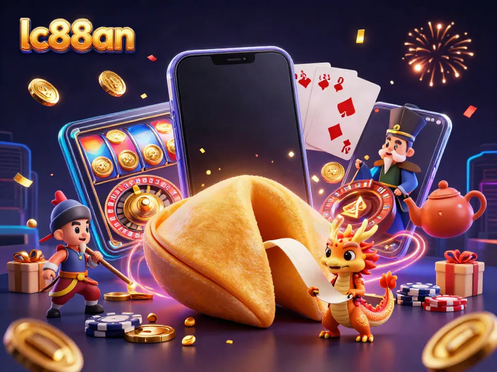 Join the fun with lc88an's dynamic casino scene, featuring a fortune cookie and slot games.