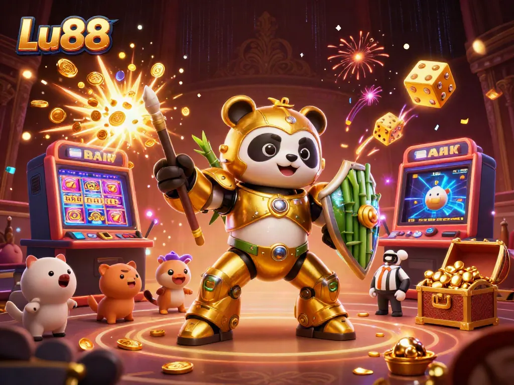 Experience the excitement of Lu88 with a golden panda in a robot amidst slot machine jackpots and vibrant casino elements.
