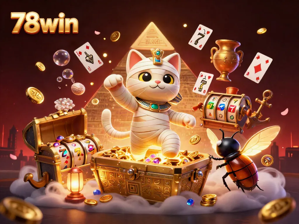 Play and win with 78win's thrilling slot games featuring a vibrant casino scene, including a mummy cat and treasure