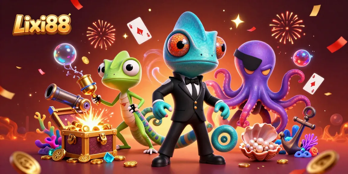 Lixi88 showcases a vibrant 3D scene with a secret agent chameleon and gaming elements, enriching the casino experience.