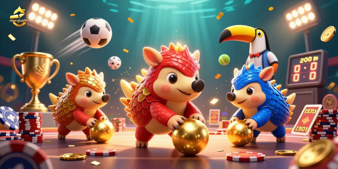 Rolling pangolins gather golden balls in a vibrant nhacaiuytin casino scene.