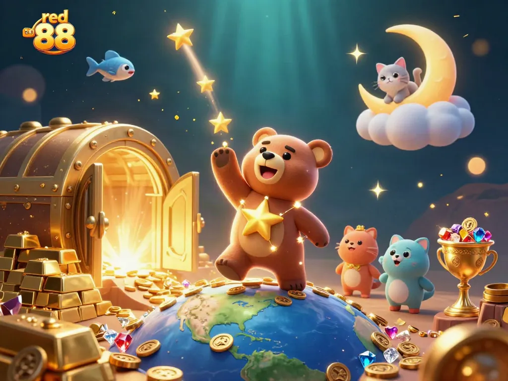 Experience the excitement of red 88 as the constellation bear scoops coins among treasures.