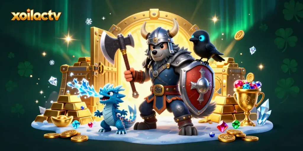 Engage with xoilactv as a Viking warrior joins a dynamic treasure scene in a lavish casino.