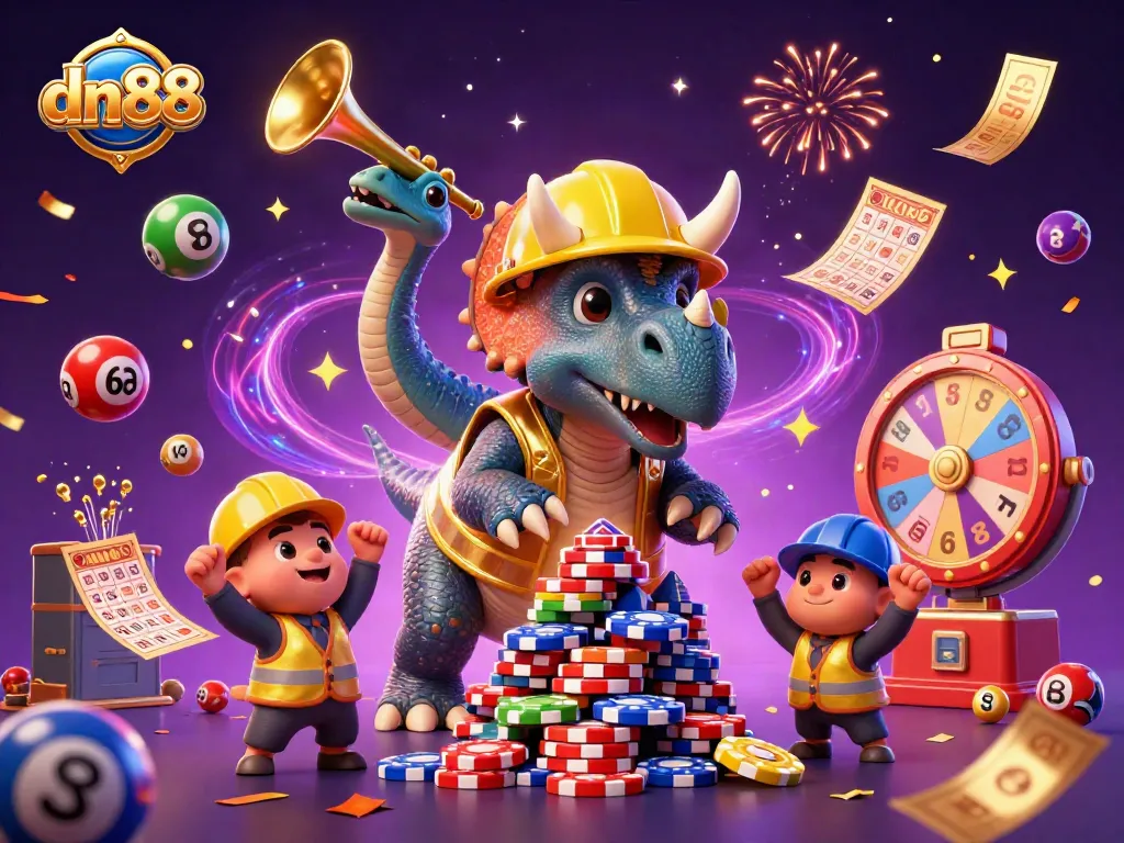 Join the celebration of dn88 with colorful lottery elements in an energetic casino scene.