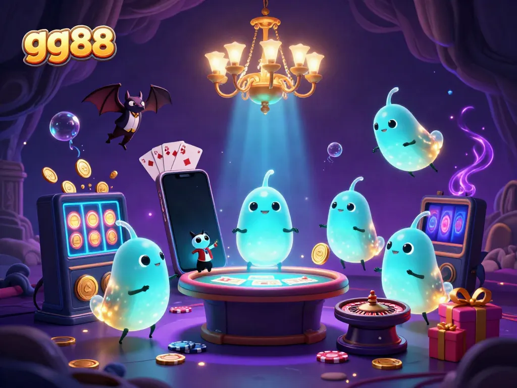 Experience the vibrant world of gg88 with glowworms lighting up a cave casino while a bat dealer oversees the action.