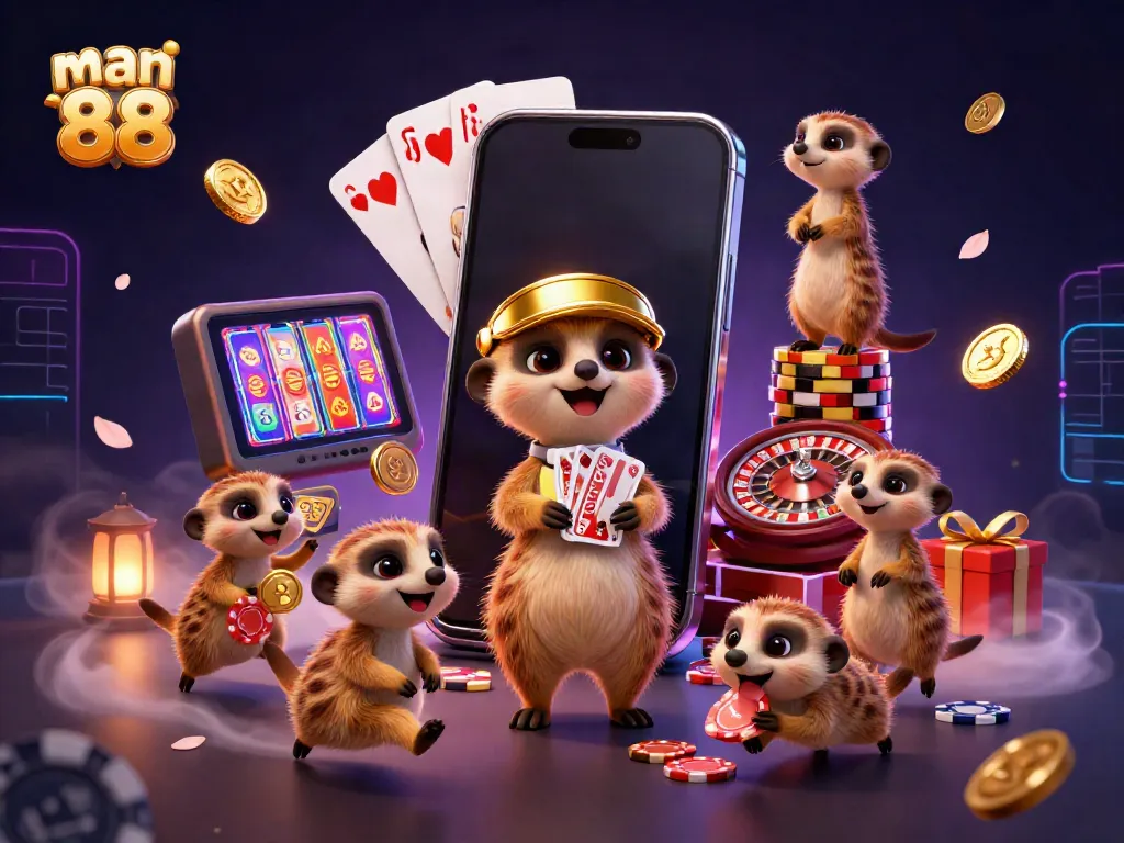 Experience excitement at man 88 with a dynamic meerkat casino illustration showcasing card dealers, games, and vivid action.