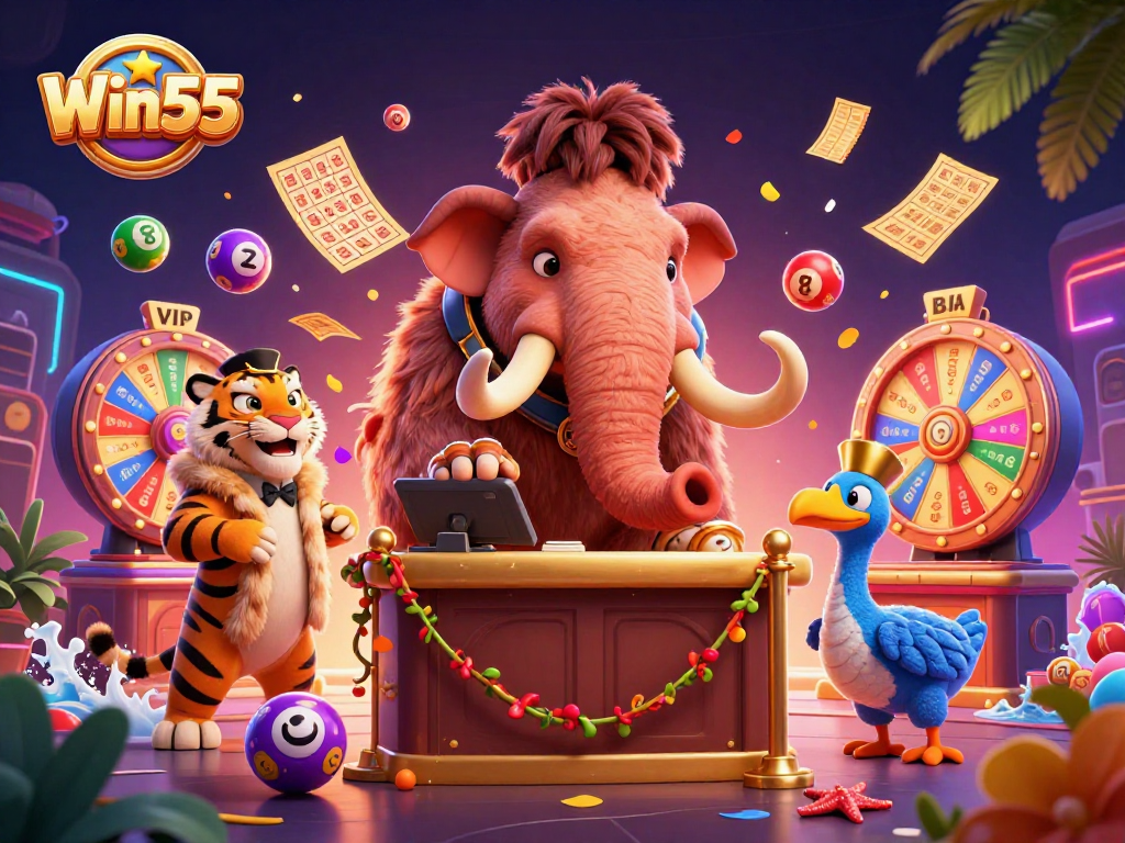 Win55 invites players to enjoy vibrant lottery excitement with a grand bouncer and VIP guests.