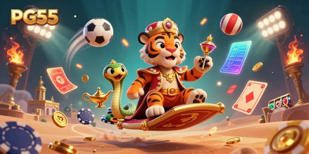 Engage with PG55's vibrant gambling environment featuring a magical 3D sultan, sports elements, and a gold-themed palace.
