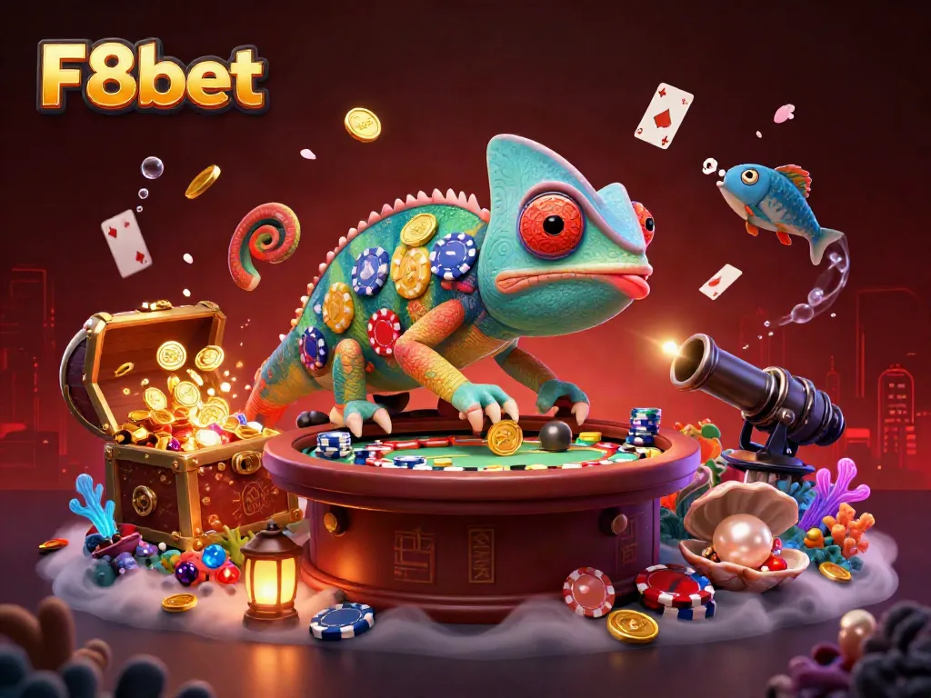 Experience the excitement of F8bet with a vibrant 3D illustration of a chameleon casino owner and treasure elements.