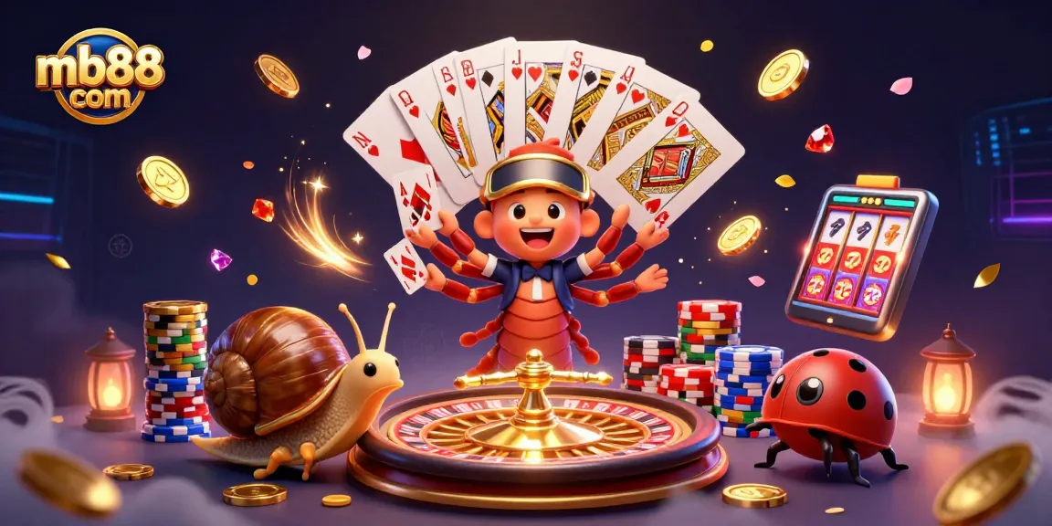 Spin and win at mb88 com with a thrilling casino scene featuring a cartoon millipede dealer and exciting game elements.