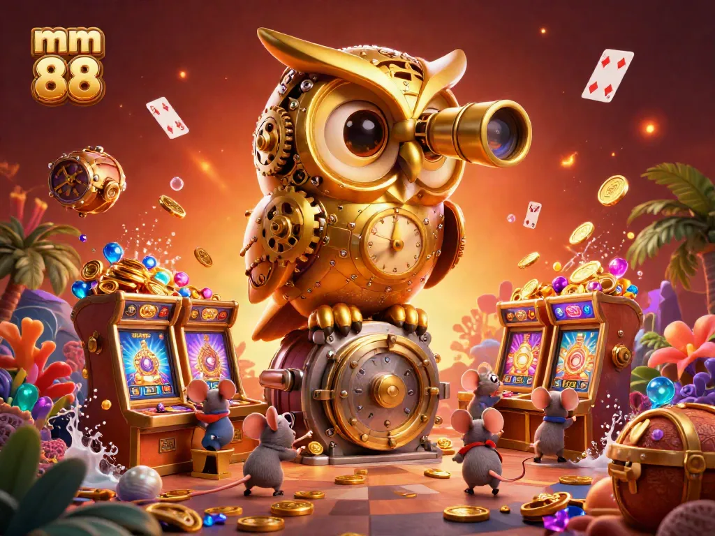 Experience excitement with the mm 88 themed 3D casino scene featuring engaging gold owl and vibrant slot machines.