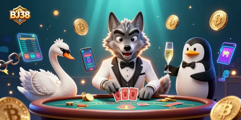 Engage in thrilling baccarat at BJ38 with animated characters and vibrant crypto elements.